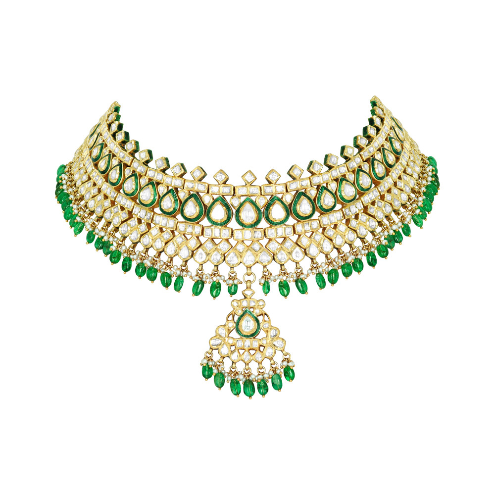 Polki Choker with Green Meenakari and Emerald Maniya